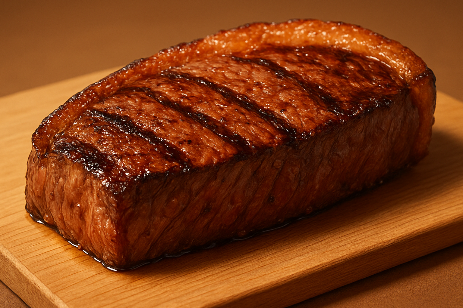 Uma picanha dourada e suculenta fatiada sobre uma tábua de madeira, ao