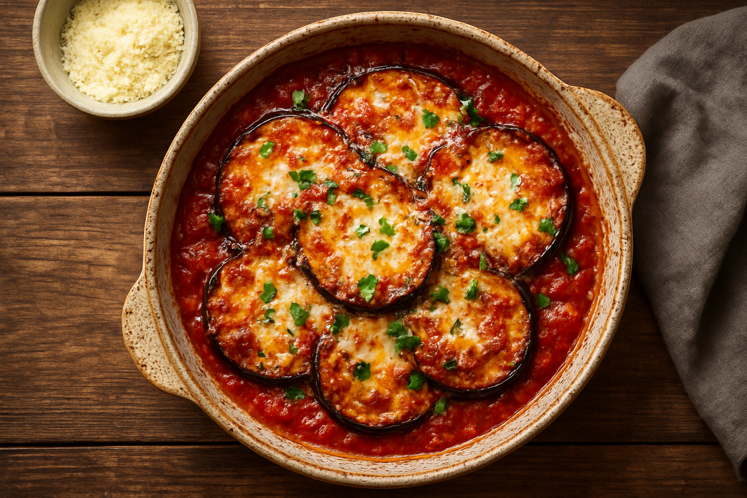 Vista aérea de uma tigela de arroz de forno gratinado, com queijo derretido, ao lado de uma frigideira com arroz frito colorido, em uma bancada de cozinha moderna.